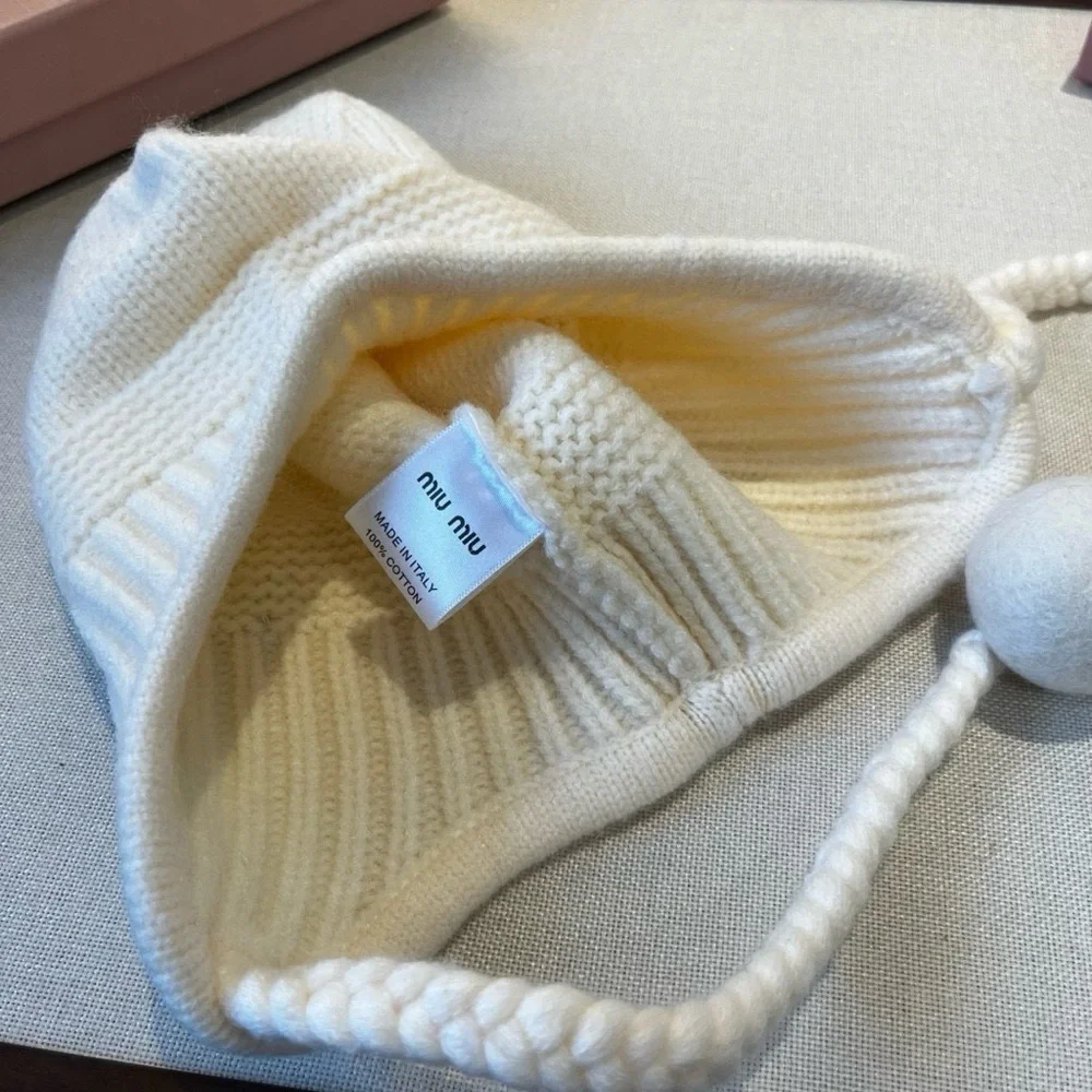 Miu Miu Cream Knit Hat with Pom Poms - Picture 6 of 6